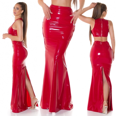 Maxirock im Latex-Look mit sexy Schlitz in rot