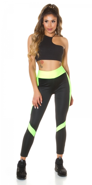 Figurbetonte Fitness-Leggings mit Kontrasteinsätzen - schwarz/neongelb