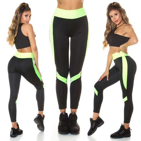 Figurbetonte Fitness-Leggings mit Kontrasteinsätzen - schwarz/neongelb
