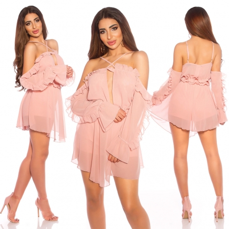 Kurzer Chiffon-Playsuit mit Volant-Verzierung - altrosa