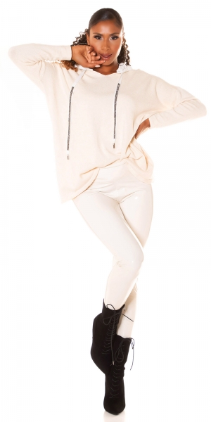 Legerer Oversize Feinstrick-Pullover mit kontrastfarbener Kapuze - beige