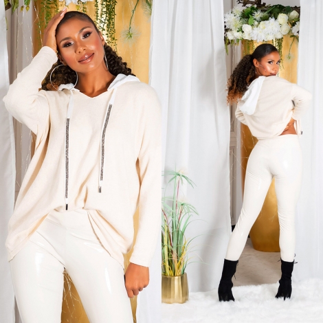 Legerer Oversize Feinstrick-Pullover mit kontrastfarbener Kapuze - beige
