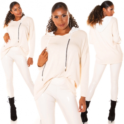 Legerer Oversize Feinstrick-Pullover mit kontrastfarbener Kapuze - beige