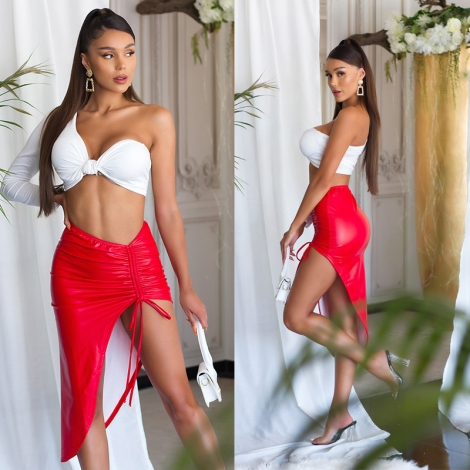 Sexy Kunstleder-Rock mit XL Beinschlitz in rot