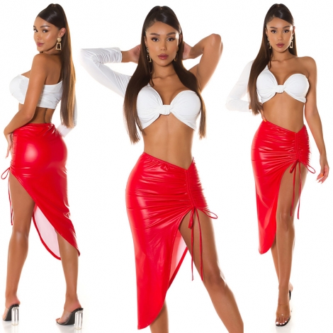 Sexy Kunstleder-Rock mit XL Beinschlitz in rot