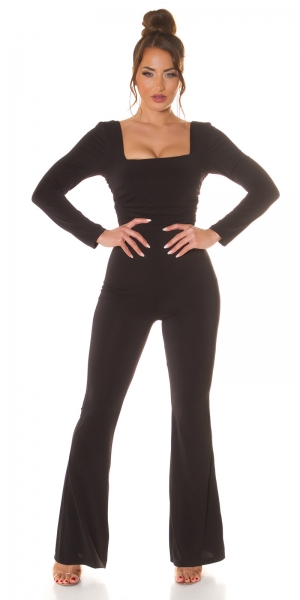 Figurbetonter Jumpsuit Overall mit Karree-Ausschnitt - schwarz