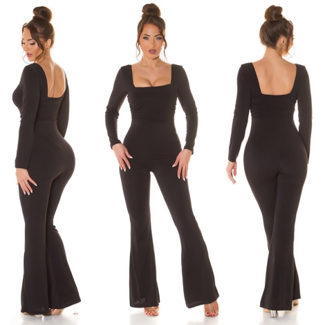 Figurbetonter Jumpsuit Overall mit Karree-Ausschnitt - schwarz