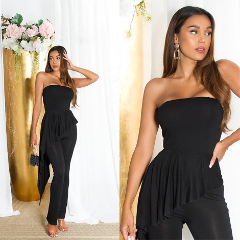 Auffallender Bandeau-Overall mit Schleppe - schwarz