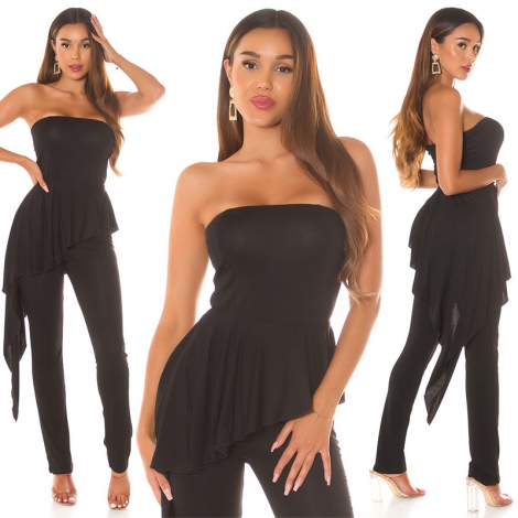 Auffallender Bandeau-Overall mit Schleppe - schwarz
