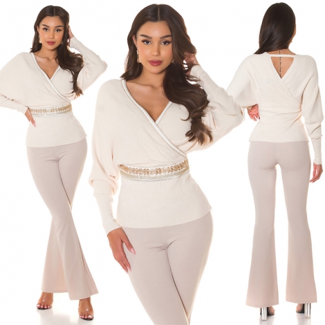 Rippstrick Pullover in sexy Wickel-Optik und Schmuckbordüre - beige