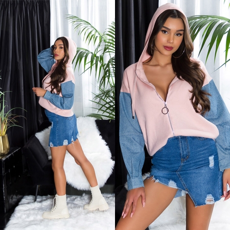 Modische Kapuzen-Jacke im 2in1 Look - rosa
