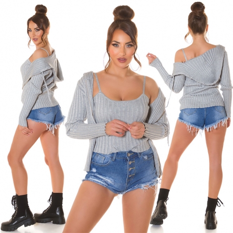 Modernes 2er Set Rippstrick Cardigan und Top in stone