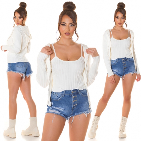 Modernes 2er Set Rippstrick Cardigan und Top in weiß