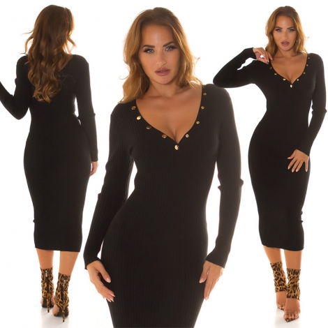 Langes Strickkleid mit Druckknöpfen - schwarz