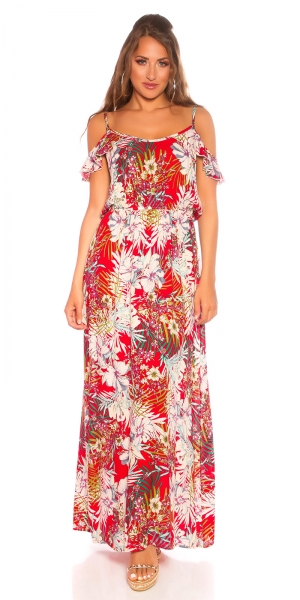 Carmen Maxi-Kleid mit Blumenprint-Verzierung - rot