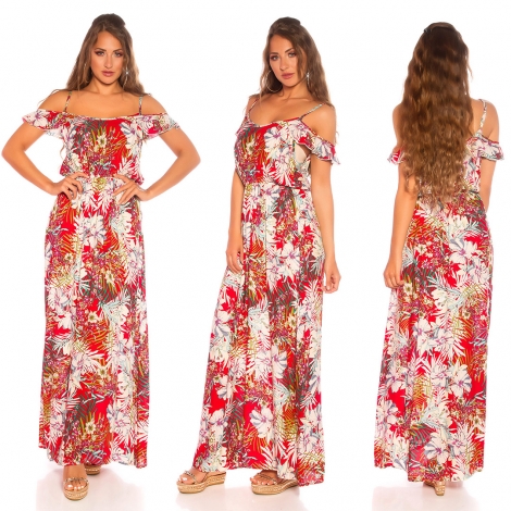 Carmen Maxi-Kleid mit Blumenprint-Verzierung - rot