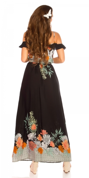 Modisches Maxi-Kleid mit Blümchenprint-Verzierung - schwarz