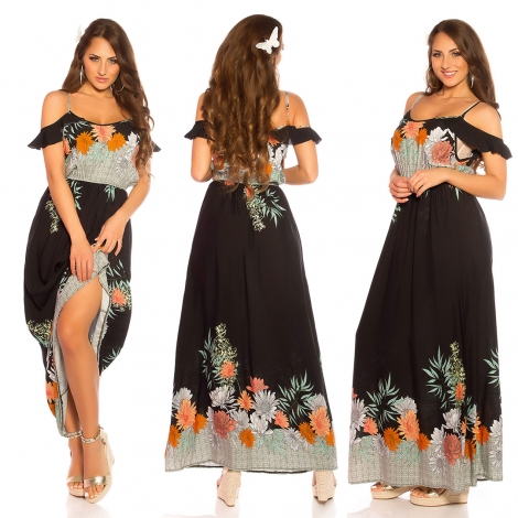 Modisches Maxi-Kleid mit Blümchenprint-Verzierung - schwarz