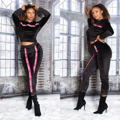 Loungwear Nicki Freizeit Anzug mit Zierstreifen - schwarz/pink