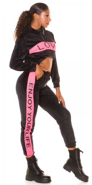Niki Freizeit Anzug mit Kontrastbordüre in schwarz/neonpink