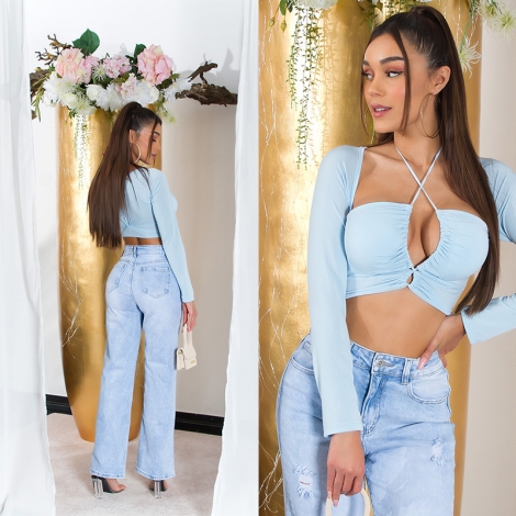 Sexy Crop-Top mit langen Ärmeln und Bindebändchen - angelblue