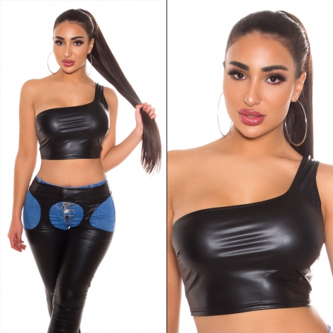 Sexy bauchfreies One Shoulder Top im Wetlook - schwarz