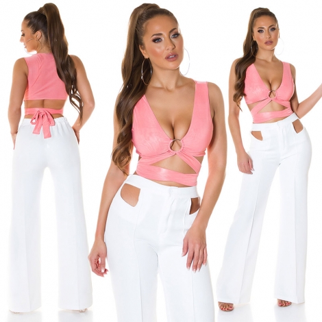 Sexy Crop-Top mit Schmuckring und Bindebändchen - coral