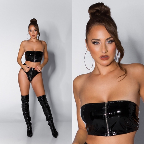 Sexy bauchfreies Bandeau-Top im Wetlook - schwarz