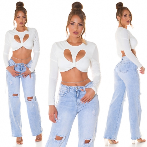 Bauchfreies Langarm-Top mit sexy Cutout und Soft-Cups - weiß