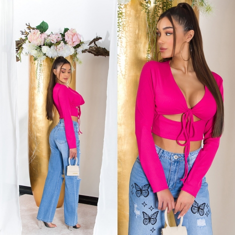 Bauchfreie Bluse zum knoten mit Cups - pink
