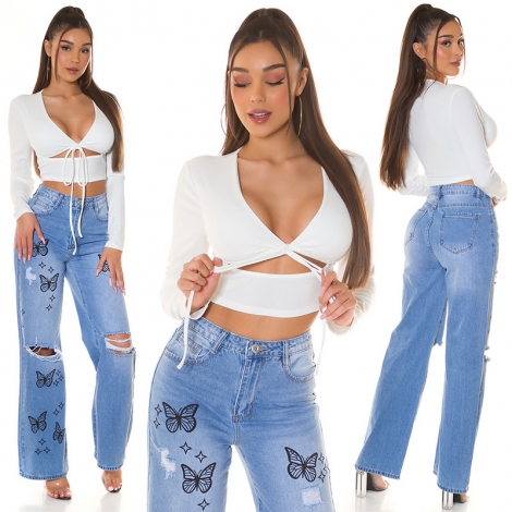 Bauchfreie Bluse zum knoten mit Cups - weiß