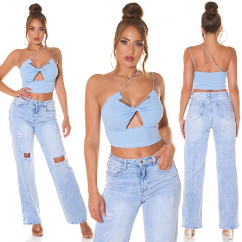 Sexy Träger- Stretch- Top mit Cutouts und Softcups - babyblau