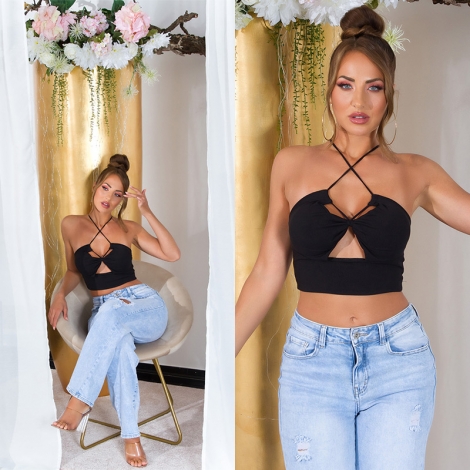 Sexy Träger- Stretch- Top mit Cutouts und Softcups - schwarz