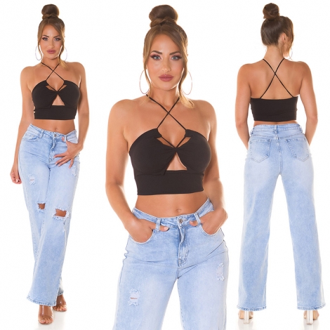 Sexy Träger- Stretch- Top mit Cutouts und Softcups - schwarz