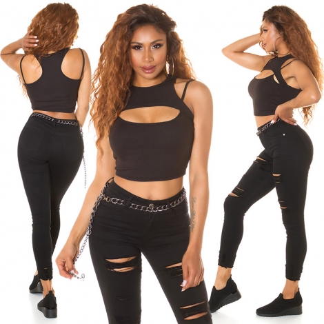 Ärmelloses Crop-Top im 2in1 Look mit sexy Cutout und Soft Cups - schwarz