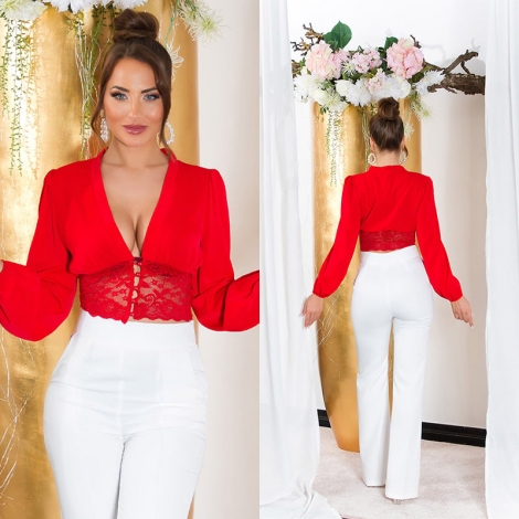 Sexy geknöpfte Crop Bluse mit Spitze - rot