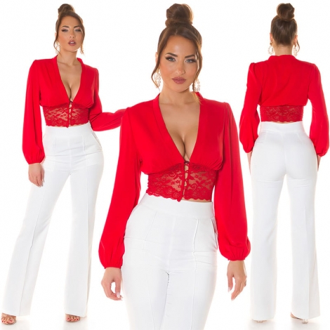 Sexy geknöpfte Crop Bluse mit Spitze - rot