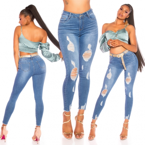 Moderne High Waist Jeans im Used-Look - blue washed