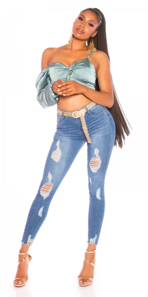 Moderne High Waist Jeans im Used-Look - blue washed