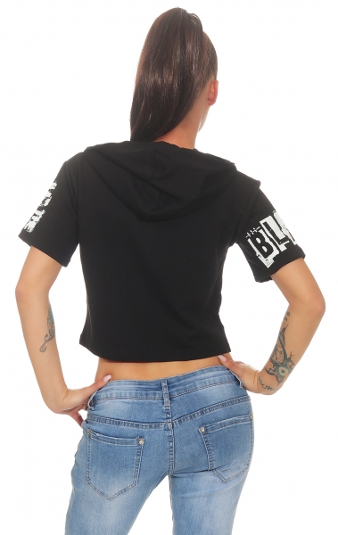 Bauchfreies Kapuzen-Shirt großem Schrift-Print - schwarz