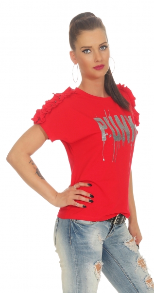 Kurzarm-Shirt mit Glamour-Print und Ärmel-Verzierung - rot