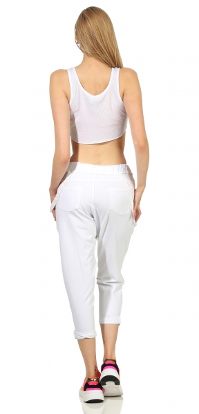 Harems-Freizeithose mit Schrift-Prints und Zier-Hosenträgern - weiß