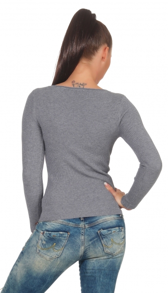 Taillierter Rippstrick-Pullover mit kurzer Knopfleiste - stone