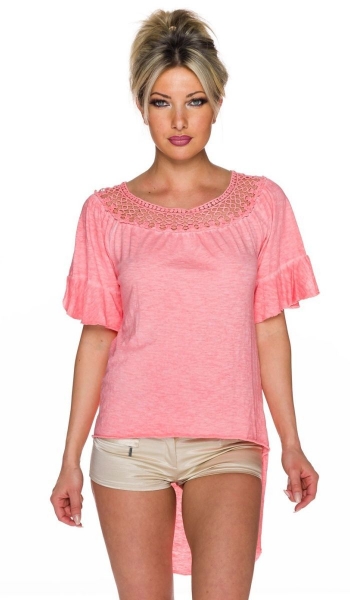 Aufregendes Vokuhila-Top im Destroyed-Look mit Häkelspitzenrand - lachs