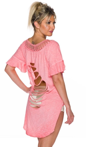 Aufregendes Vokuhila-Top im Destroyed-Look mit Häkelspitzenrand - lachs