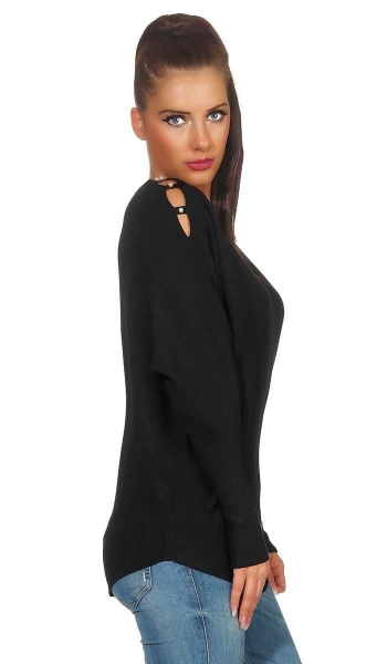 Fledermaus-Pullover mit Cut Outs und Perlen-Applikation in schwarz