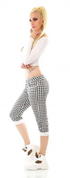Capri-Jeans mit aufgesetzter Knopfleiste und Hahnentritt-Muster - weiß/schwarz