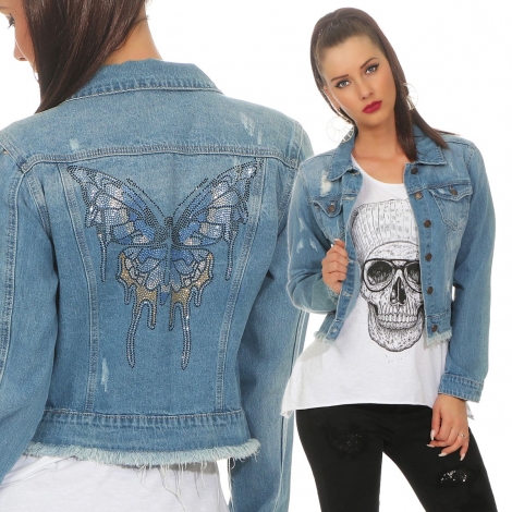 Kurz geschnittene Jeansjacke mit Strass-Butterfly - blue washed