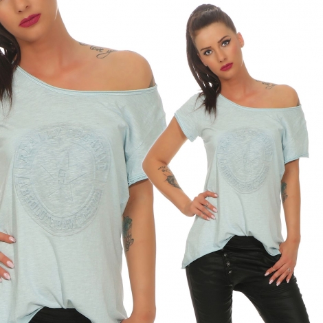Meliertes Used-Longshirt mit Stern-Beflockung - angelblue