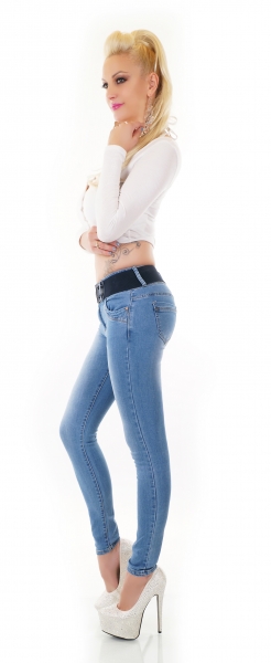 Sexy Skinny Hüft-Jeans mit breiten Stretch-Gürtel - blue washed